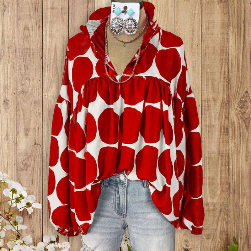 Fiona Elegant V-Neck Red Dot Print Blouse Blouses — Céline de Montréal