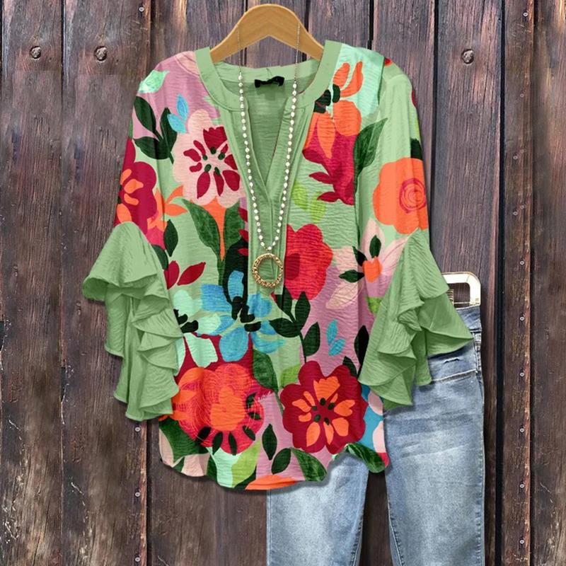 Belina| Women Classy Vintage Retro Floral Ruffle Top Tops — Céline de Montréal