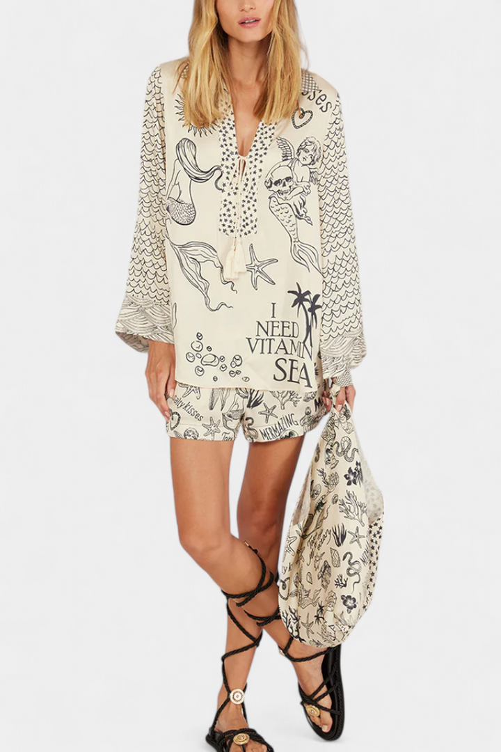 Amalia Conjunto Camisero Estampado con Short Elástico Shorts — Céline de Montréal — view 2
