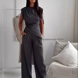Diann™ Elegant Two-Piece Set | Draped Top and Wide-Leg Trousers