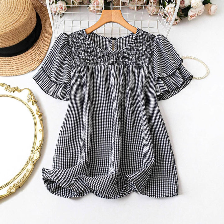 Kristel Vintage Flowy Checkered Puff Sleeve Blouse Blouses — Céline de Montréal