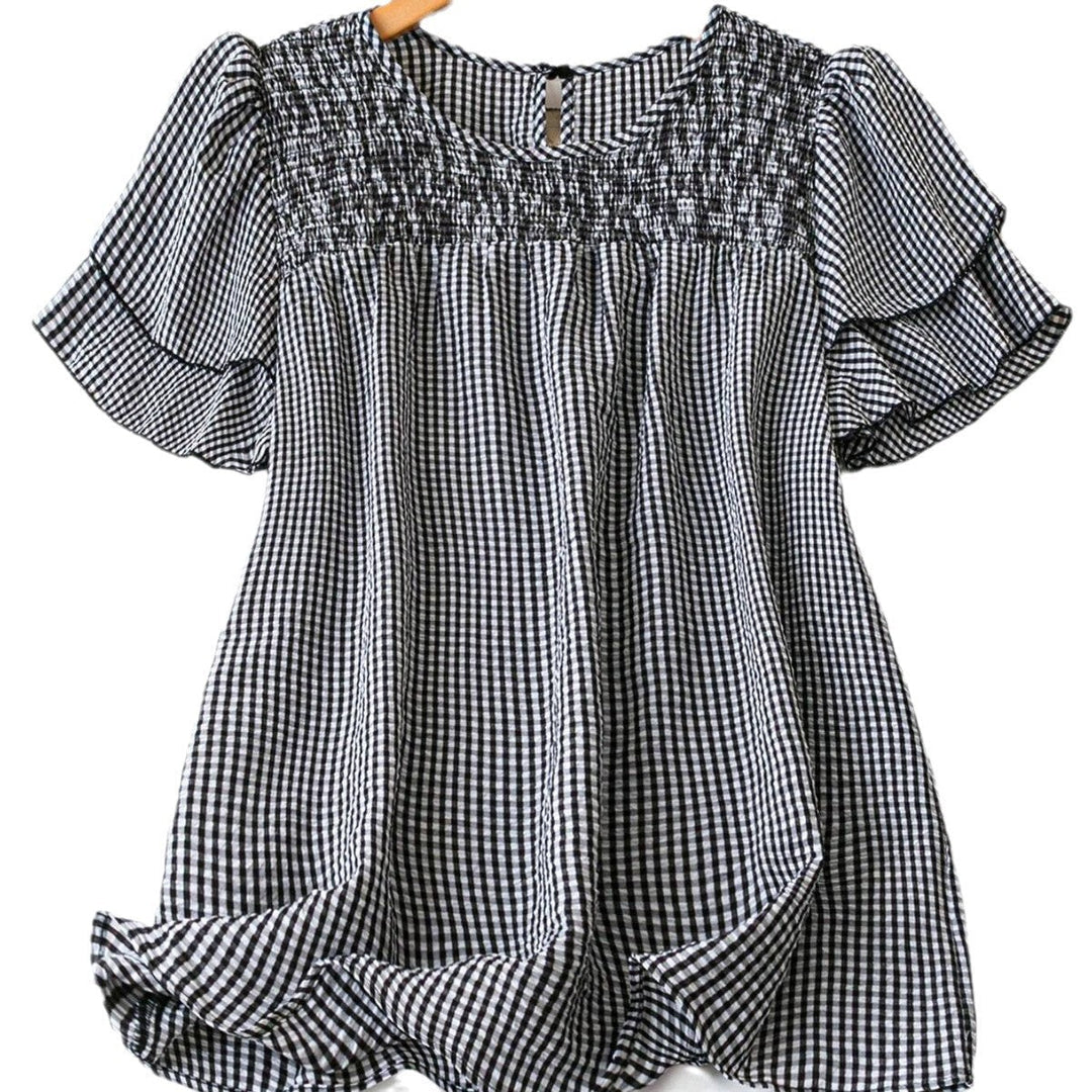 Kristel Vintage Flowy Checkered Puff Sleeve Blouse Blouses — Céline de Montréal — view 5