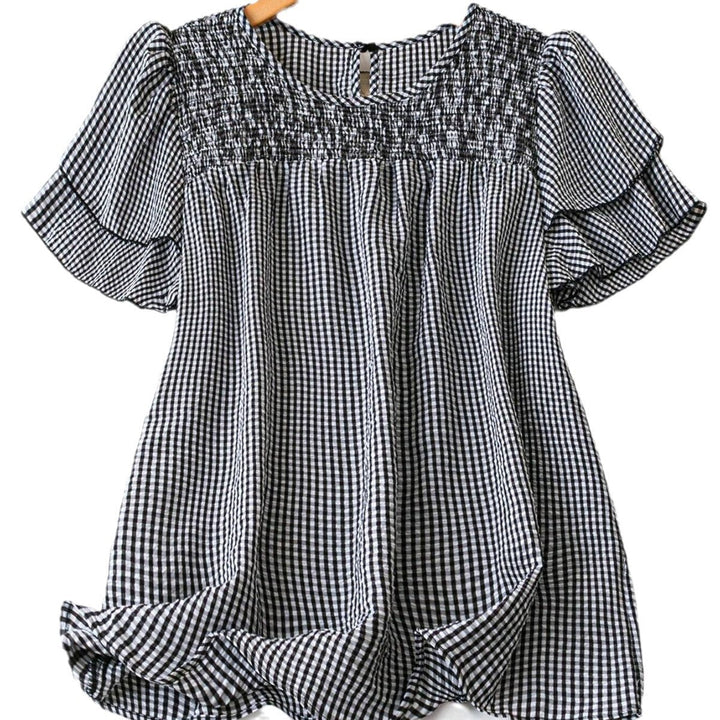 Kristel Vintage Flowy Checkered Puff Sleeve Blouse Blouses — Céline de Montréal — view 5