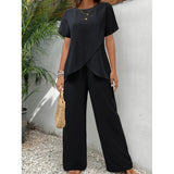 Lorrina™ Elegant Soft Two-Piece Set | Asymmetrical Blouse and Relaxed Pants