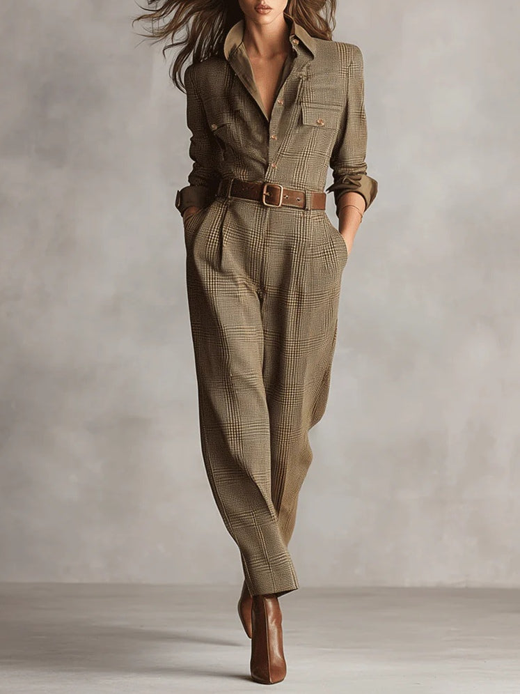 Rowena Brown Tweed Plaid Utility Jumpsuit Jumpsuits — Céline de Montréal