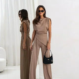 Diann™ Elegant Two-Piece Set | Draped Top and Wide-Leg Trousers
