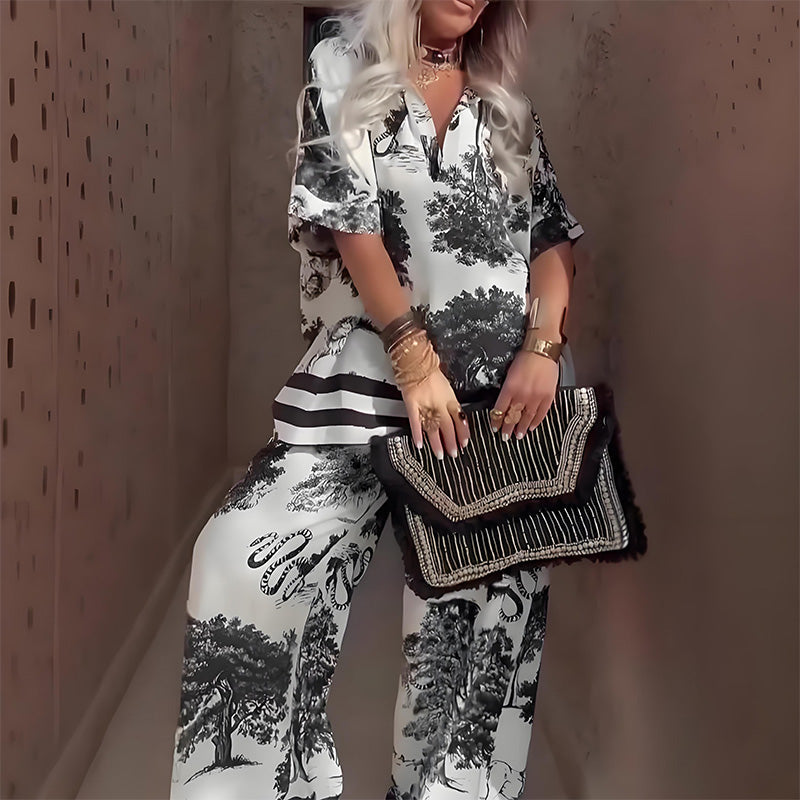 Linette Printed V-Neck Top &amp; Long Pants Pants — Céline de Montréal — view 2