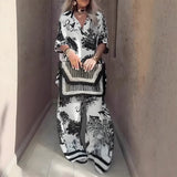 Linette™ Printed V-Neck Top &amp; Long Pants | Two-Piece Relaxed Set